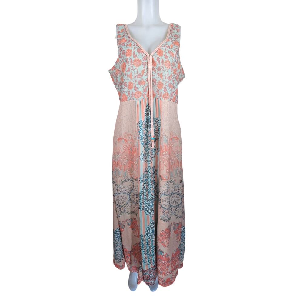 Soft Surroundings Stunning Peach Orange Blue Beads Women's Maxi Dress L